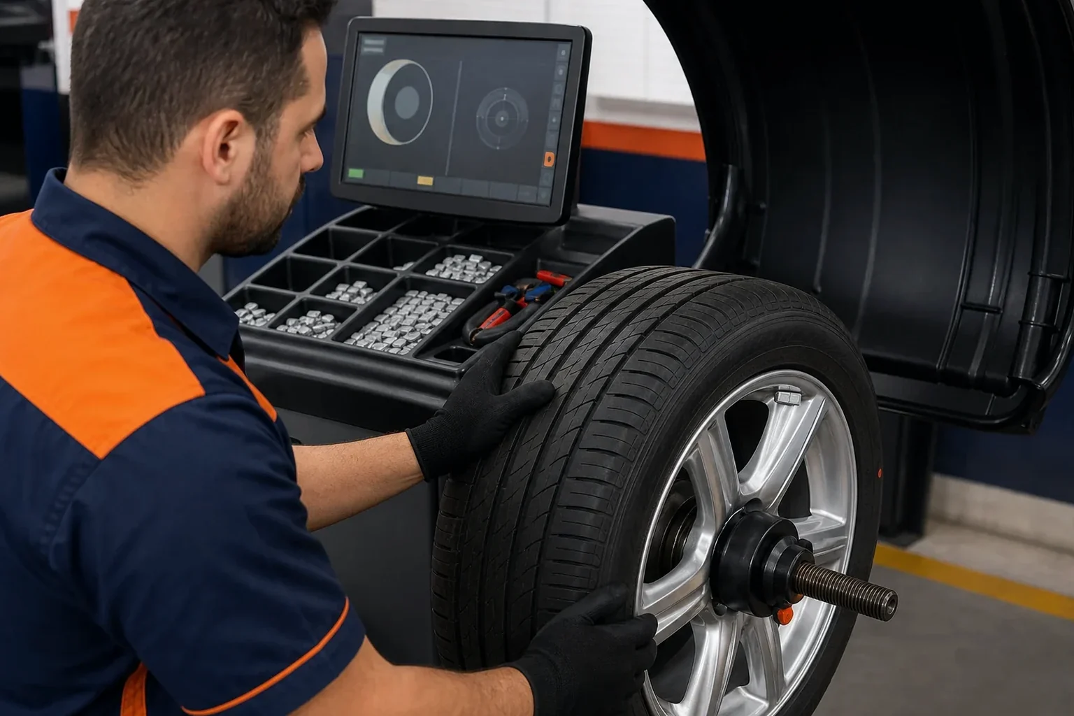 Equipamentos de balanceamento de rodas em uso na borracharia.