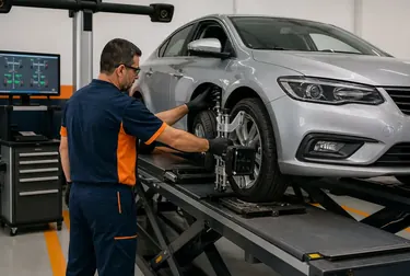 Mecânico fazendo alinhamento de rodas de um carro na borracharia.