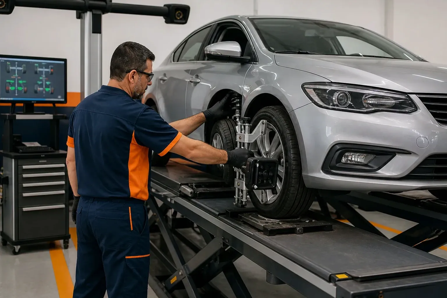 Mecânico fazendo alinhamento de rodas de um carro na borracharia.
