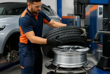 Mecânico trocando pneu de carro na borracharia.