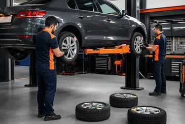 Profissional fazendo rodízio de pneus de carro na borracharia.
