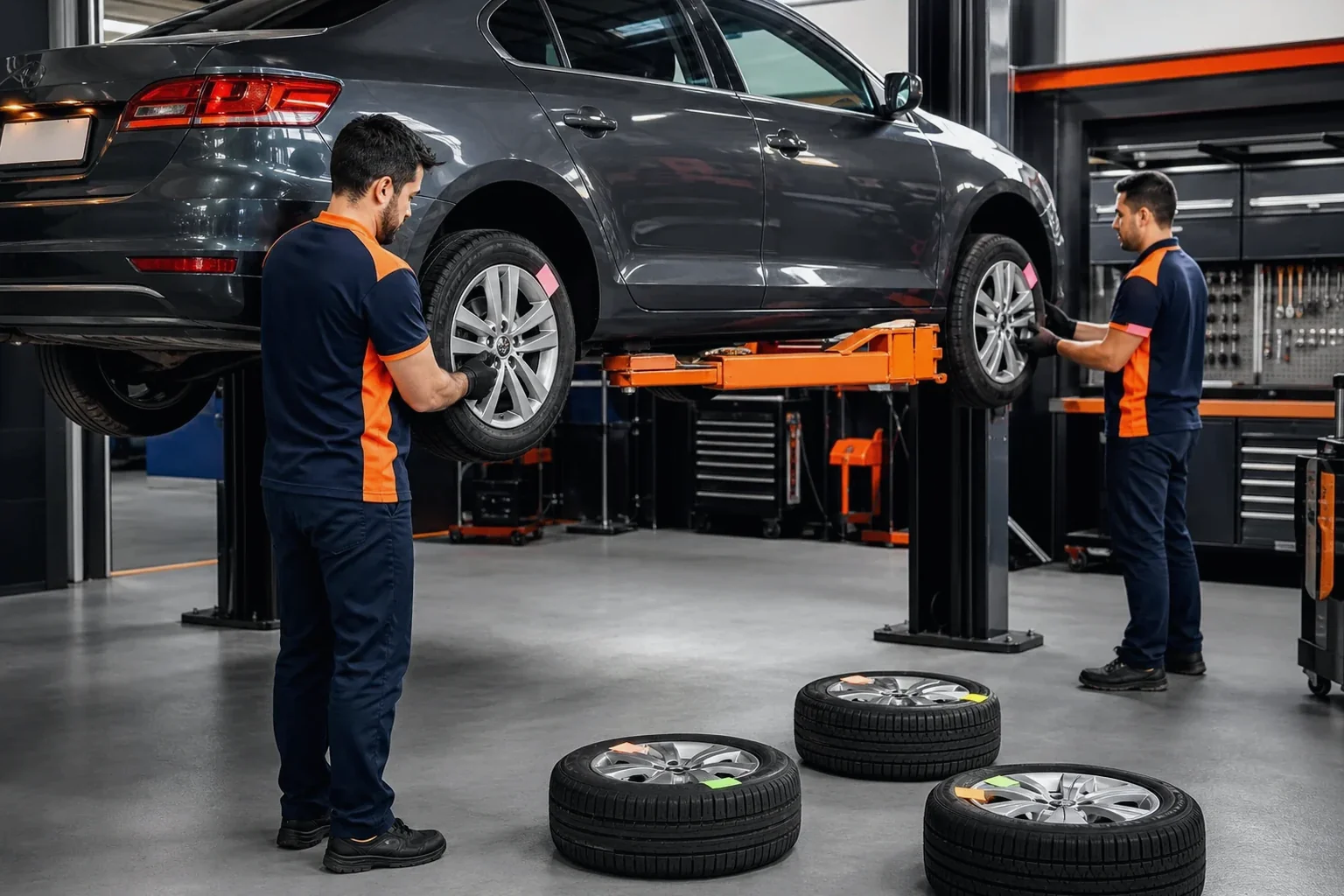 Profissional fazendo rodízio de pneus de carro na borracharia.